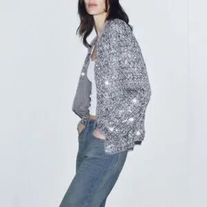 NWT Zara ZW Limited Collection Textured Sequin Jacket Silver Medium